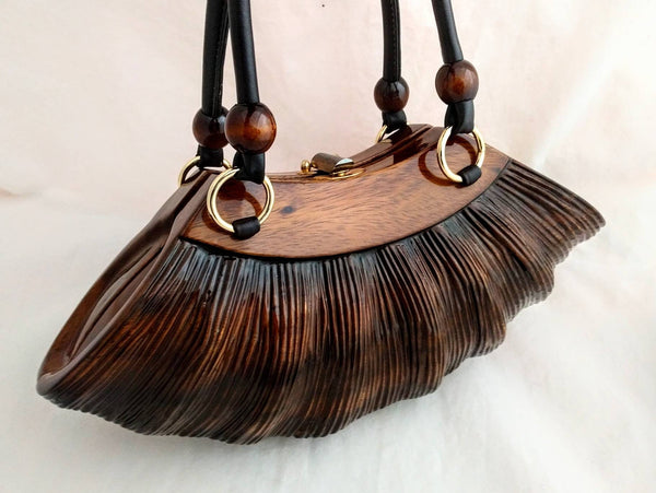Rare ROCIO Wooden Purse – Eco-Friendly Sculpted Acacia Wood Handbag, Luxury Designer Bag with Leather Handles, Sustainable Fashion