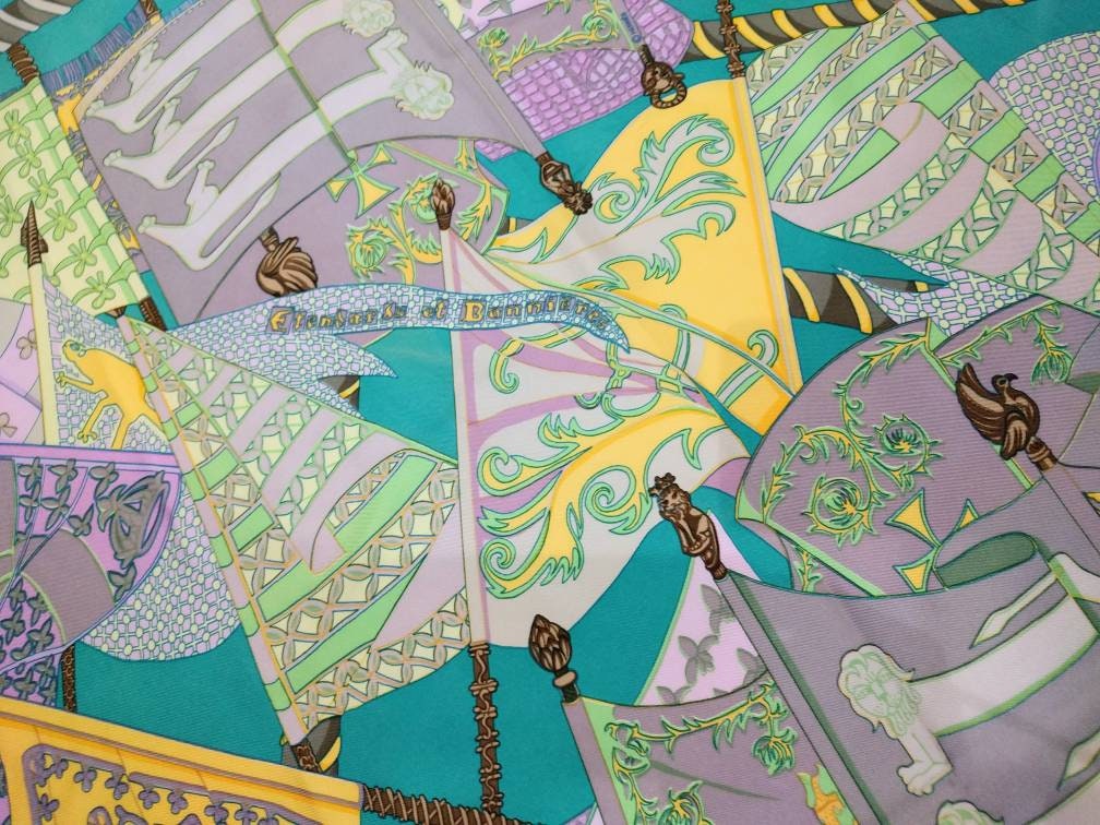Vintage collectible Hermès scarf, Annie Faivre design, flags and banners print