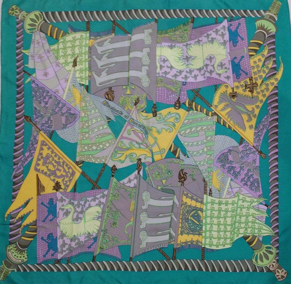 Hermès Étendards et Bannières scarf for sale, pre-loved Annie Faivre designer silk accessory