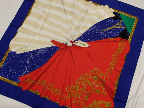 Hermès Souvenirs de Paris silk scarf, blue with red and white, designed by Hilton McConnico - Eiffel Tower design scarf