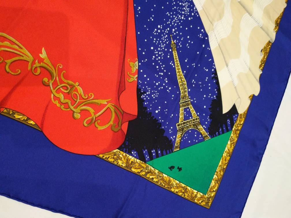 Hermès Souvenirs de Paris silk scarf, Hilton McConnico design, blue with red and white