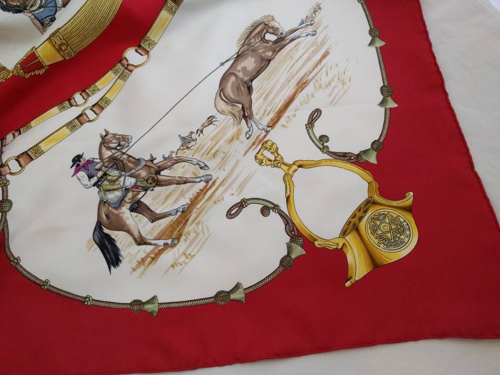 Hermes vintage silk scarf, equestrian-themed design, Jean De Fougerolle, Made in France - French luxury scarf, vintage Hermes