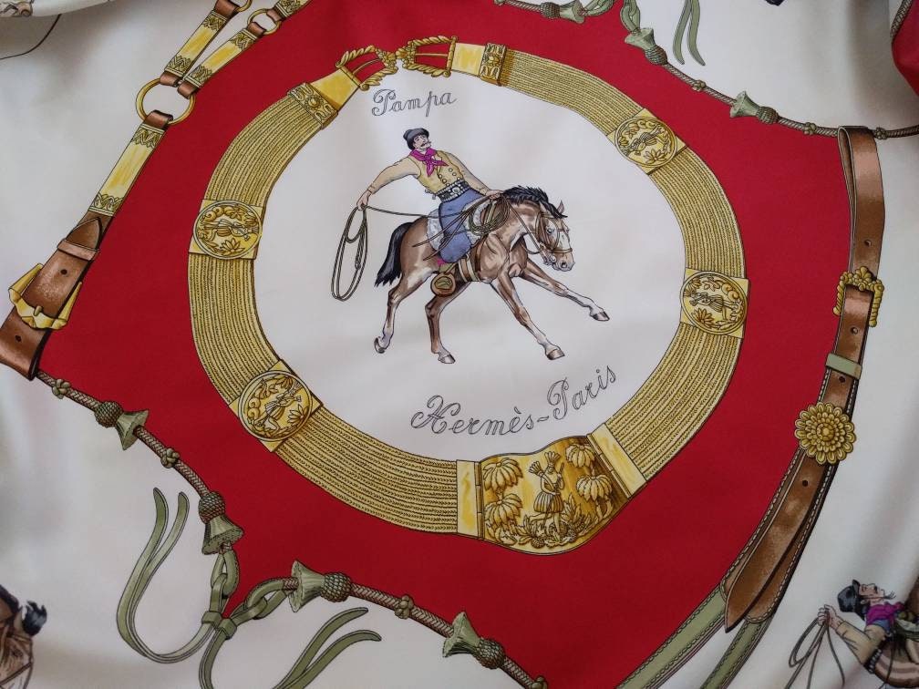 Vintage Hermes Pampa silk scarf by Jean De Fougerolle, 1988, red and beige