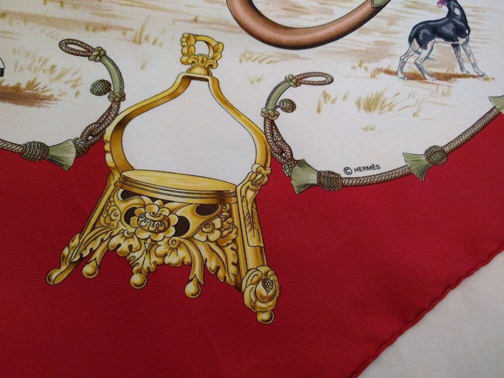 Luxury equestrian-themed Hermes carre, hand-rolled hems, vintage French scarf - Red white beige Hermes carre