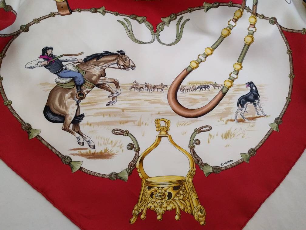Pampas cowboys silk scarf by Hermes - Jean De Fougerolle carre -- Vintage silk Hermès