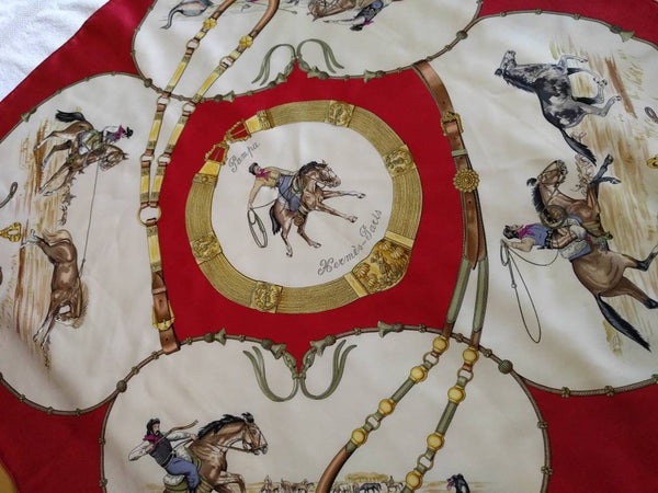 Vintage Hermes Pampa silk scarf, designed by Jean De Fougerolle, 1988, red, white, beige - Equestrian-themed Hermes scarf
