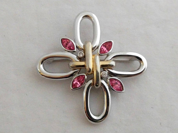 Andre Courreges signed modernist brooch, rhodium-plated with pink and clear crystals - Courreges 1960s designer pin