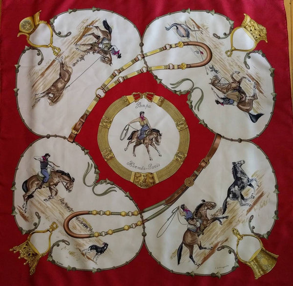 Vintage Hermes Pampa silk scarf, designed by Jean De Fougerolle, 1988, red, white, beige - Equestrian-themed Hermes scarf