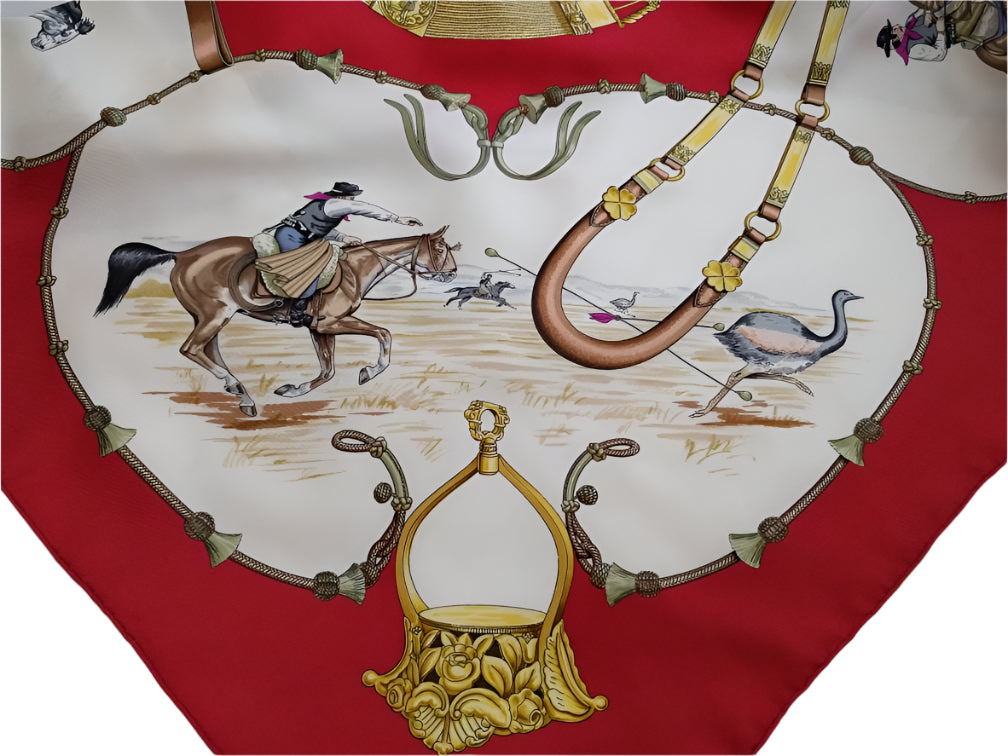 Collectible Hermes scarf featuring Pampas cowboys, horses, and dogs, red border - Collectible Hermes equestrian scarf
