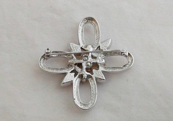 Andre Courreges signed modernist brooch, rhodium-plated with pink and clear crystals - Courreges 1960s designer pin