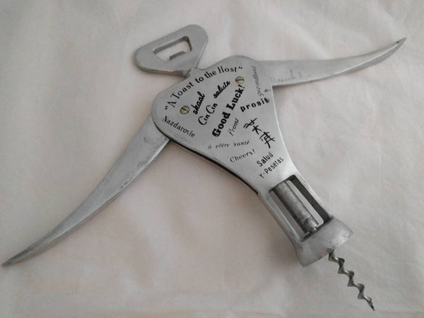 1950s Italian barware set, Carlo Gemelli corkscrew and cap lifter, mustached barman design