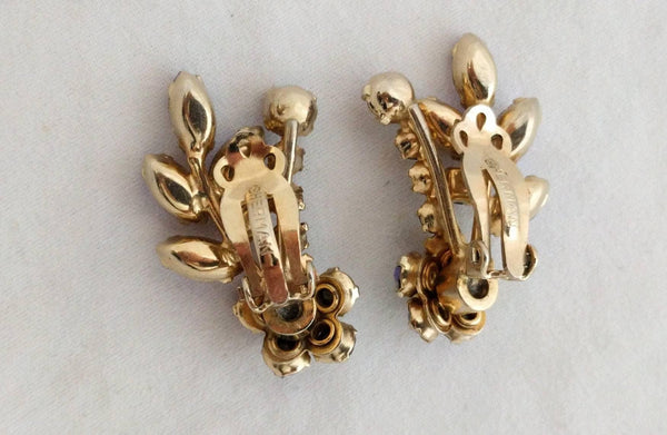 Vintage Sherman jewelry set, blue rhinestone brooch and earrings, prong set, signed, aurora borealis
