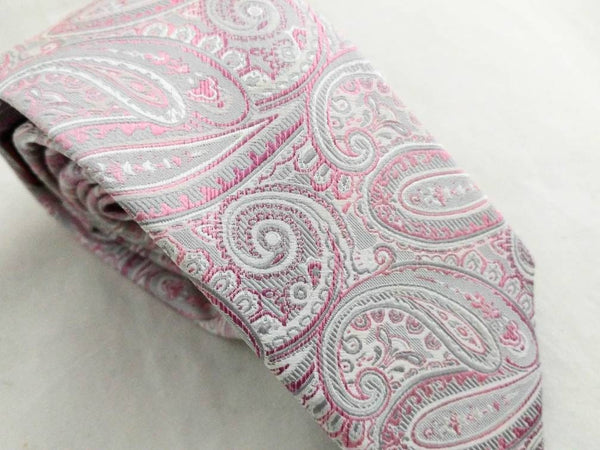 Bresciani Silk Paisley Necktie – Pink & Gray Italian Designer Tie, 100% Silk, 2 3/4" Width, Made in Italy