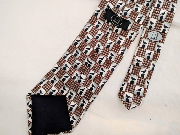 Dunhill Silk Necktie – Bird Pattern Tie, Brown & Black Checkered Design, 100% Silk, Made in Italy