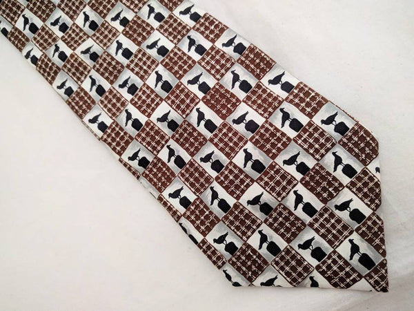 Dunhill Silk Necktie – Bird Pattern Tie, Brown & Black Checkered Design, 100% Silk, Made in Italy