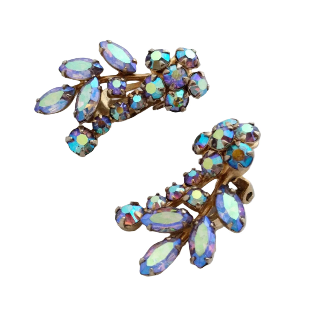 Vintage Sherman rhinestone brooch and earring set, blue aurora borealis, signed, prong set