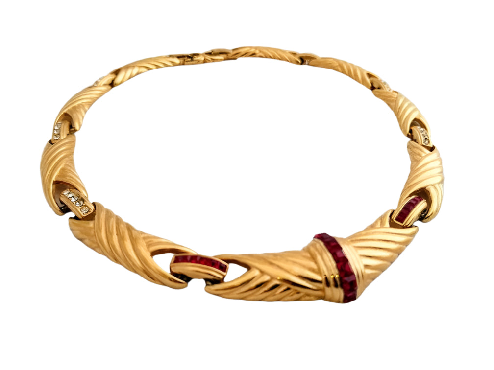 Rare Vintage Eisenberg Gold-Plated Necklace – Jewel Accented, Braided Pattern, Signed, 1940s Designer Necklace