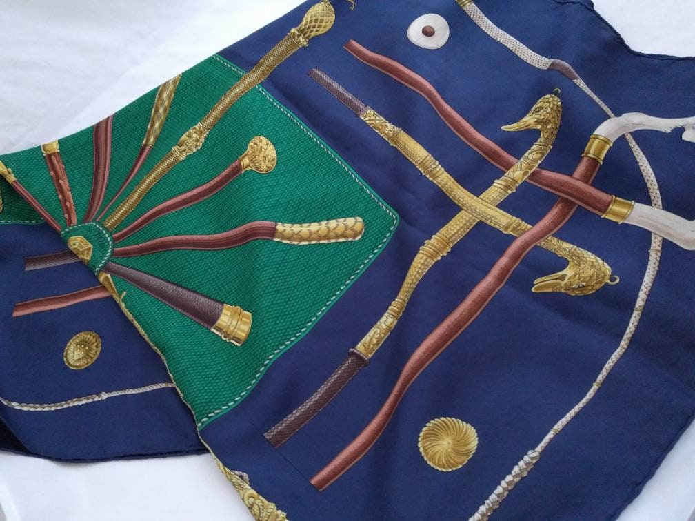 Rare Hermes Cannes et Pommeaux scarf, navy, green, brown, and yellow, 89cm