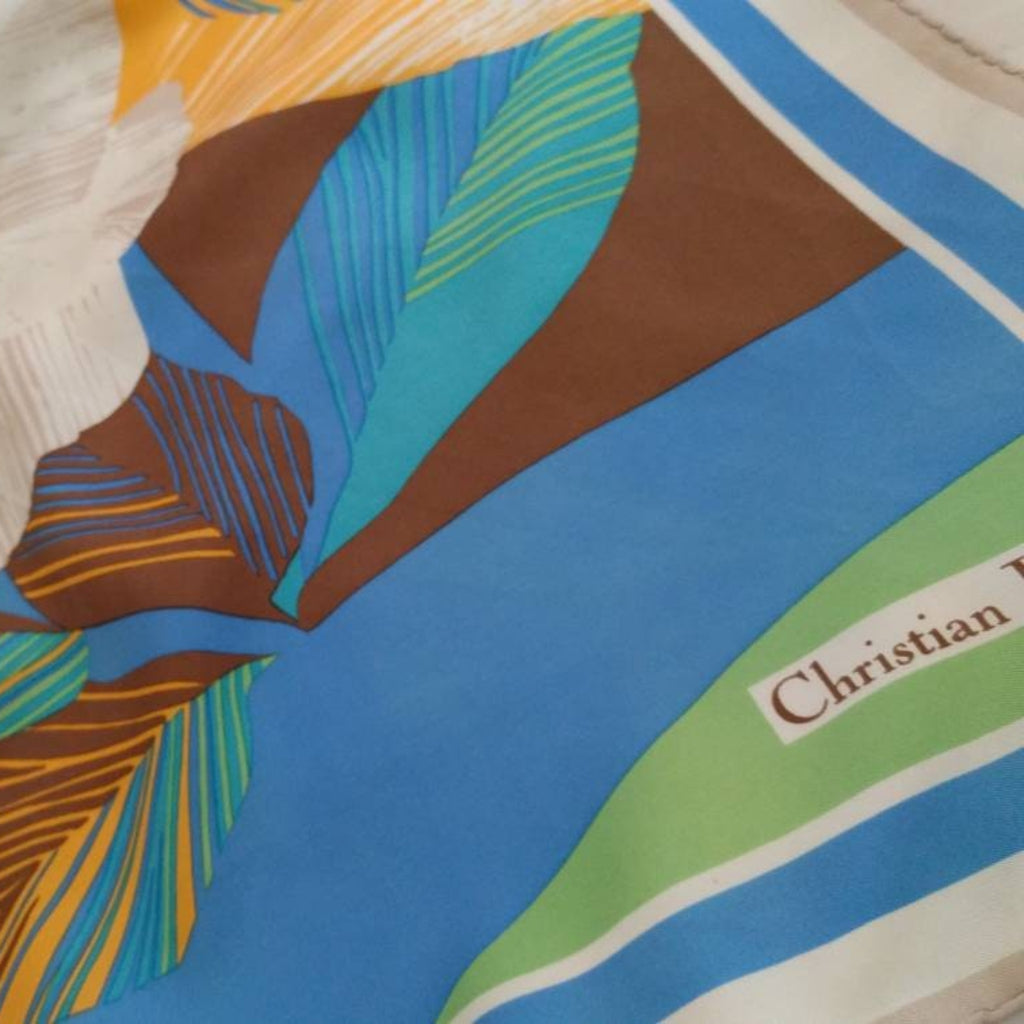 Christian Dior Vintage Silk Scarf – 1980s Floral Square Scarf, Blue & Cream Headscarf, Luxury Gift for Her