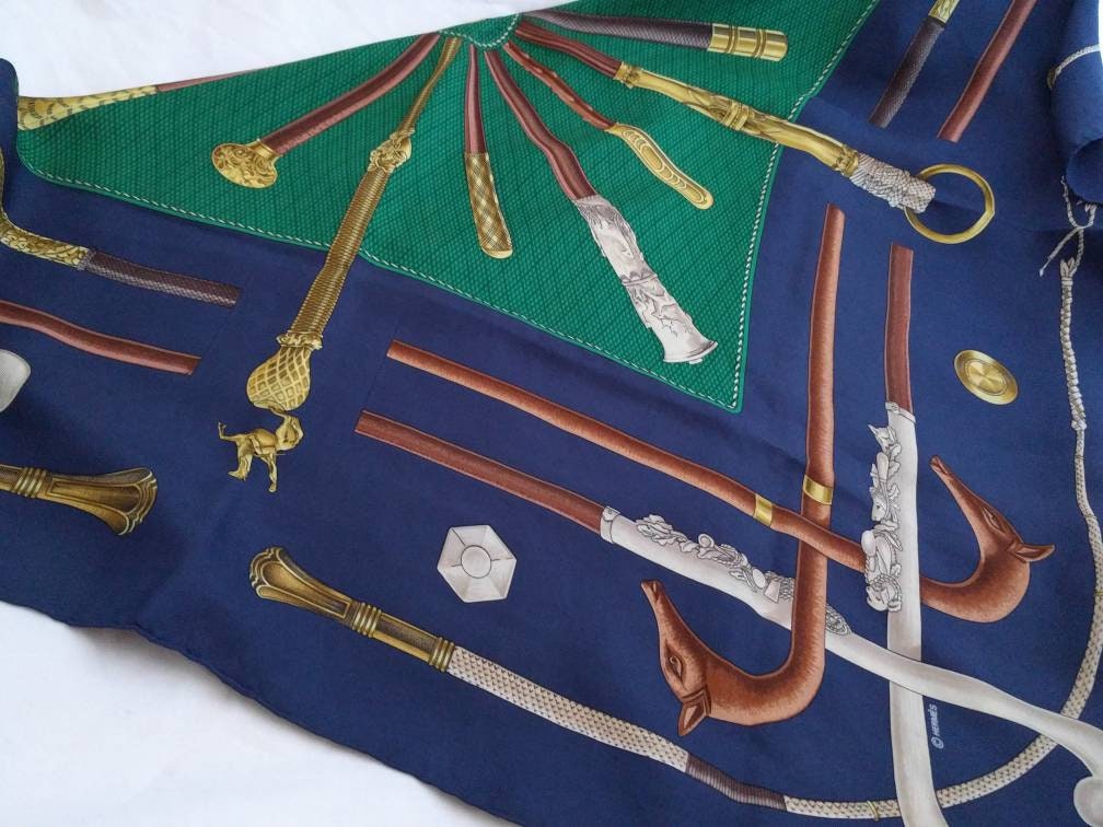 Rare Hermes scarf with walking stick and riding crop designs, navy blue and emerald green