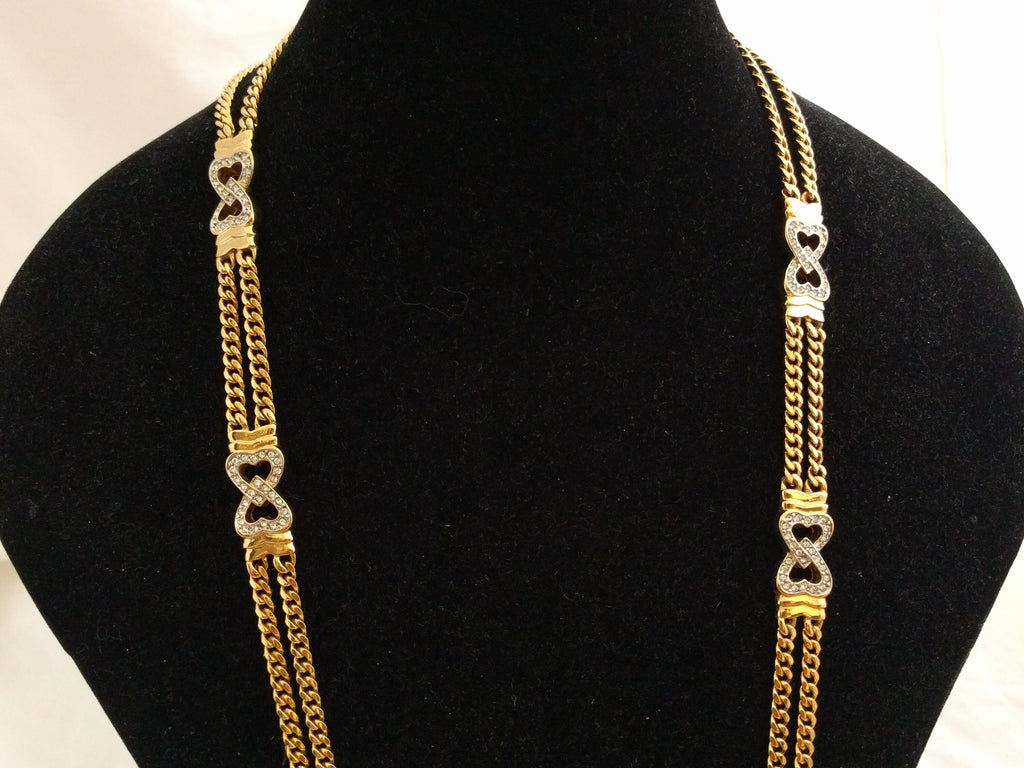 Vintage Park Lane Double Chain Necklace – Double Hearts Pendant, Gold-Tone Statement Necklace, Excellent Condition