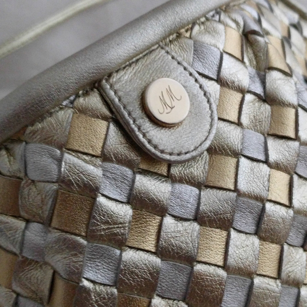 Vintage Morris Moskowitz metallic woven leather shoulder bag, 1980s silver & gold clutch