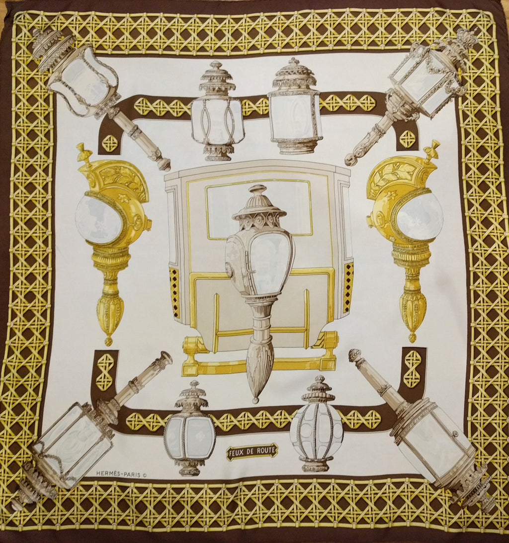 Rare Hermès Feux de Route Scarf – Caty Latham 1971, Brown/Beige, Made in France