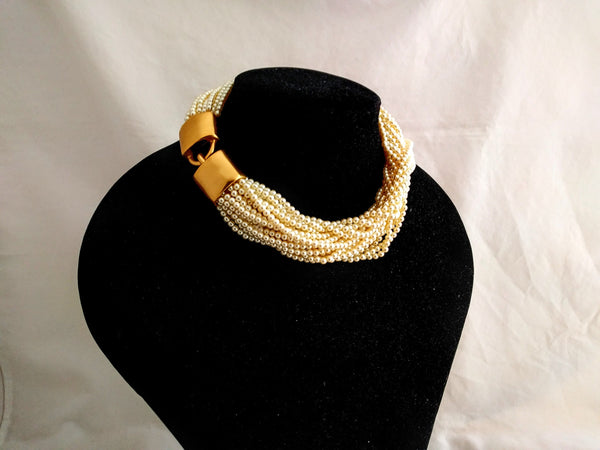 Carolee Tressed Faux Pearl Necklace – 20-Strand Twisted Pearl Choker, Retro Bib Necklace, 17" Length, Gold-Plated Clasp