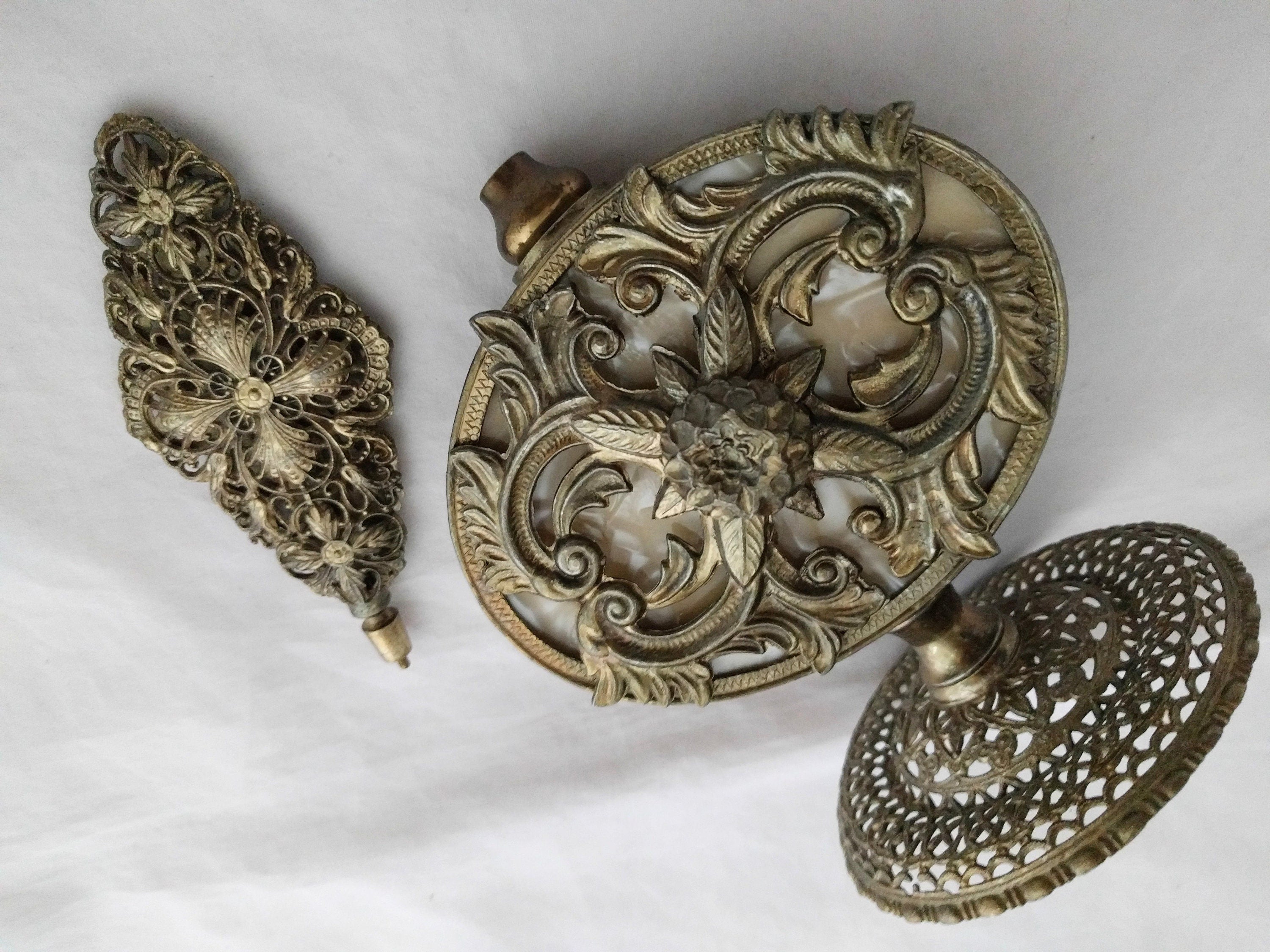 Ornolu Perfume Bottle – Ornate Gold Brass Filigree Design, Antique Decorative Vanity Bottle, Collectible Perfume Bottle