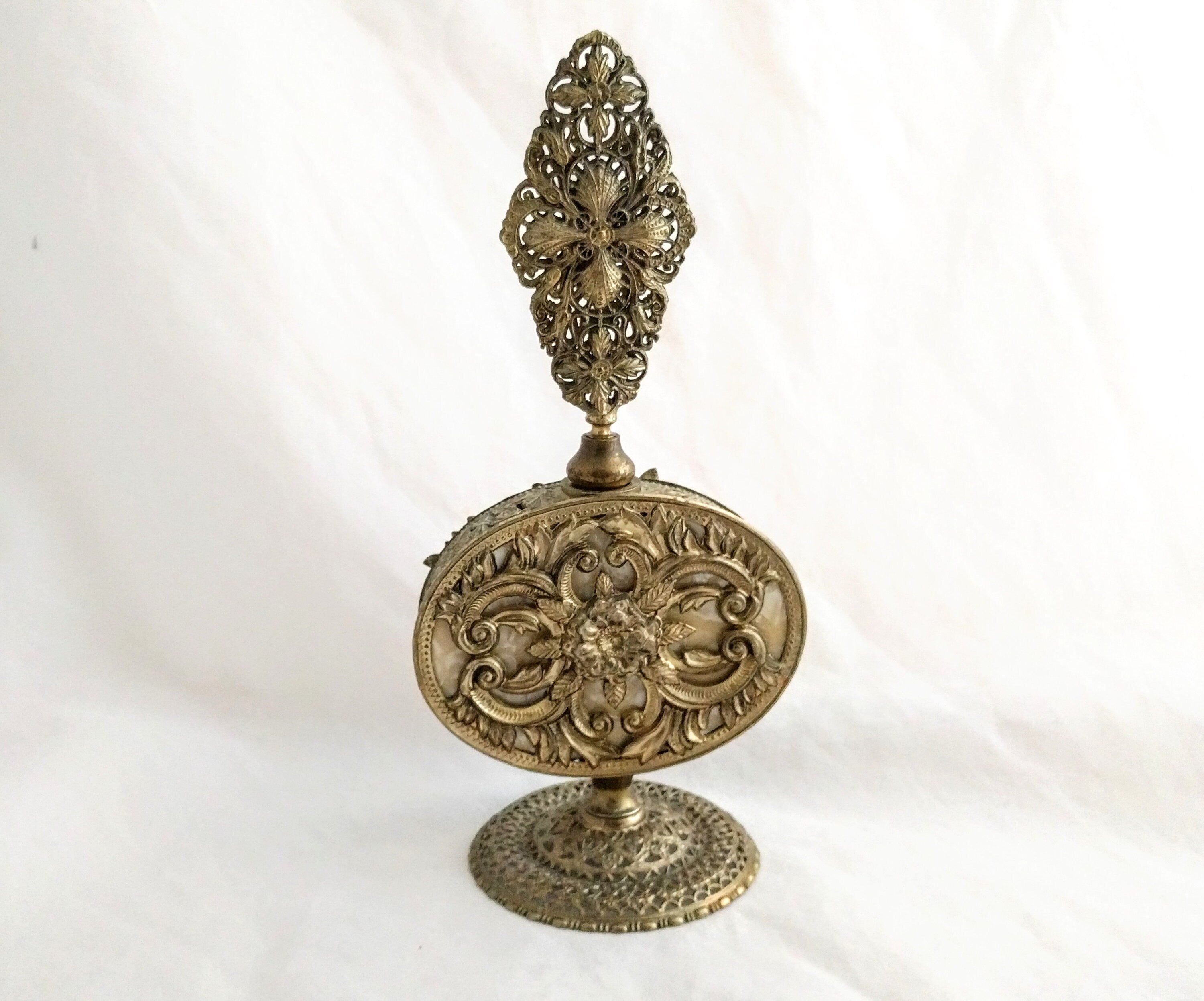Ornolu Perfume Bottle – Ornate Gold Brass Filigree Design, Antique Decorative Vanity Bottle, Collectible Perfume Bottle