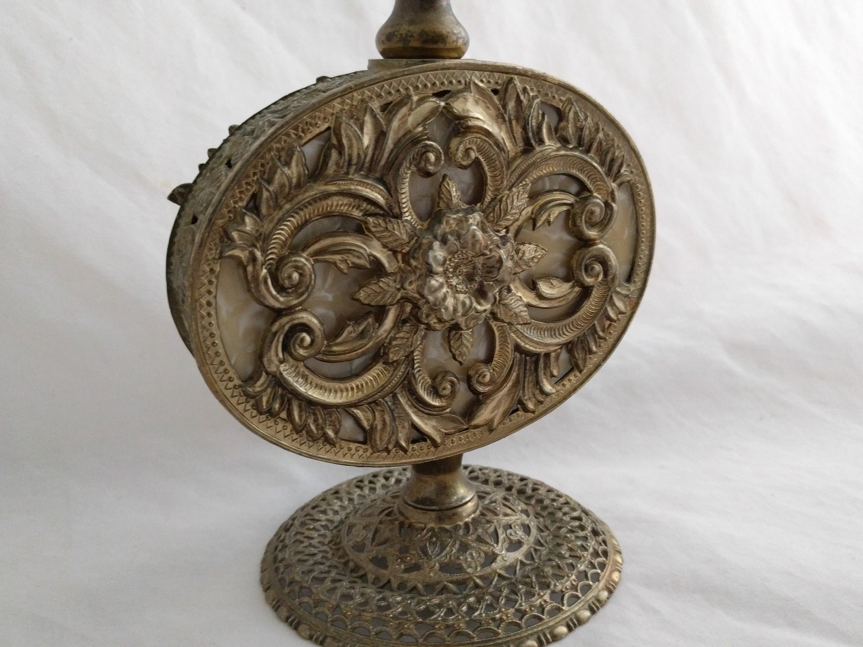 Ornolu Perfume Bottle – Ornate Gold Brass Filigree Design, Antique Decorative Vanity Bottle, Collectible Perfume Bottle