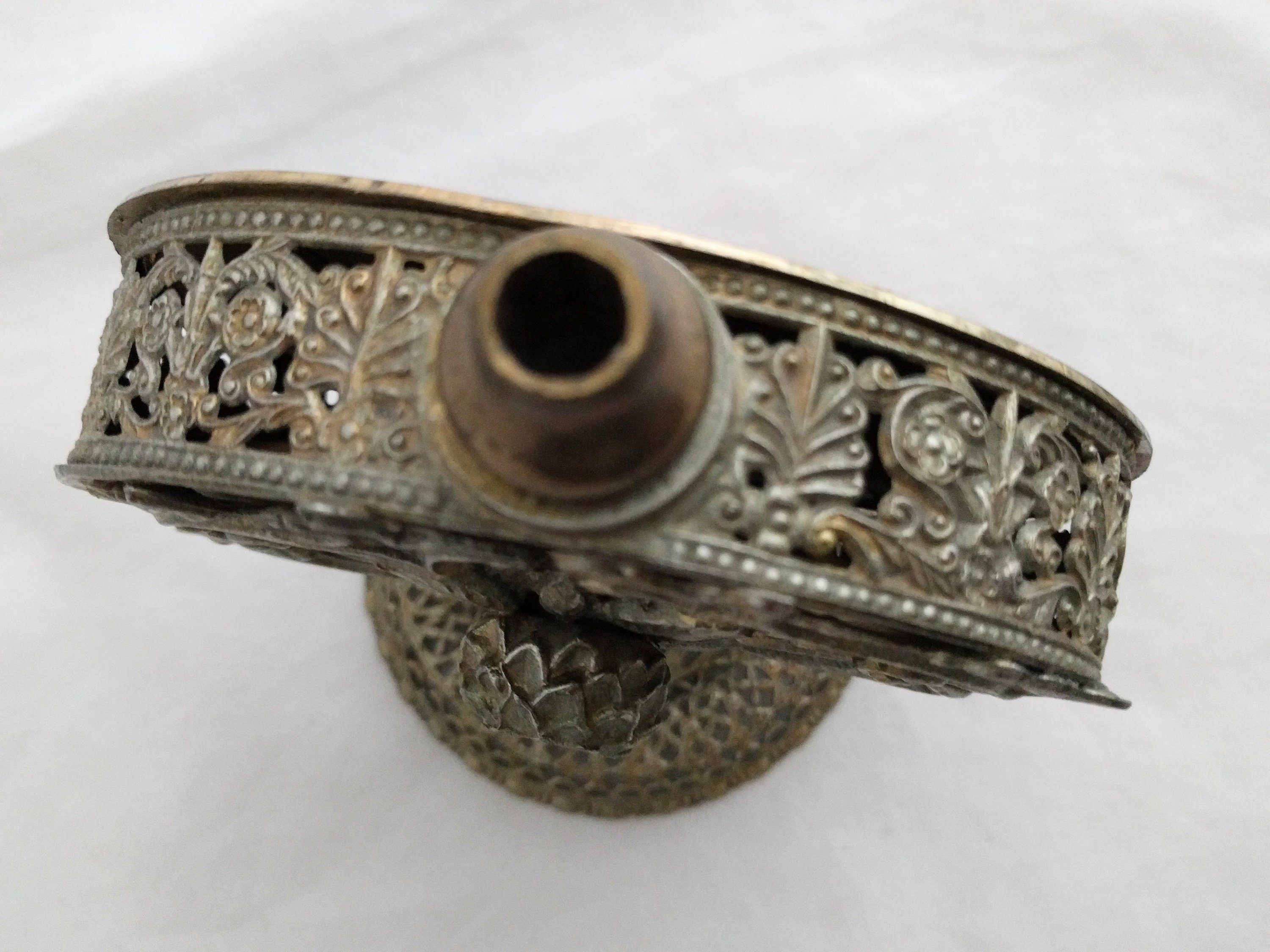 Ornolu Perfume Bottle – Ornate Gold Brass Filigree Design, Antique Decorative Vanity Bottle, Collectible Perfume Bottle