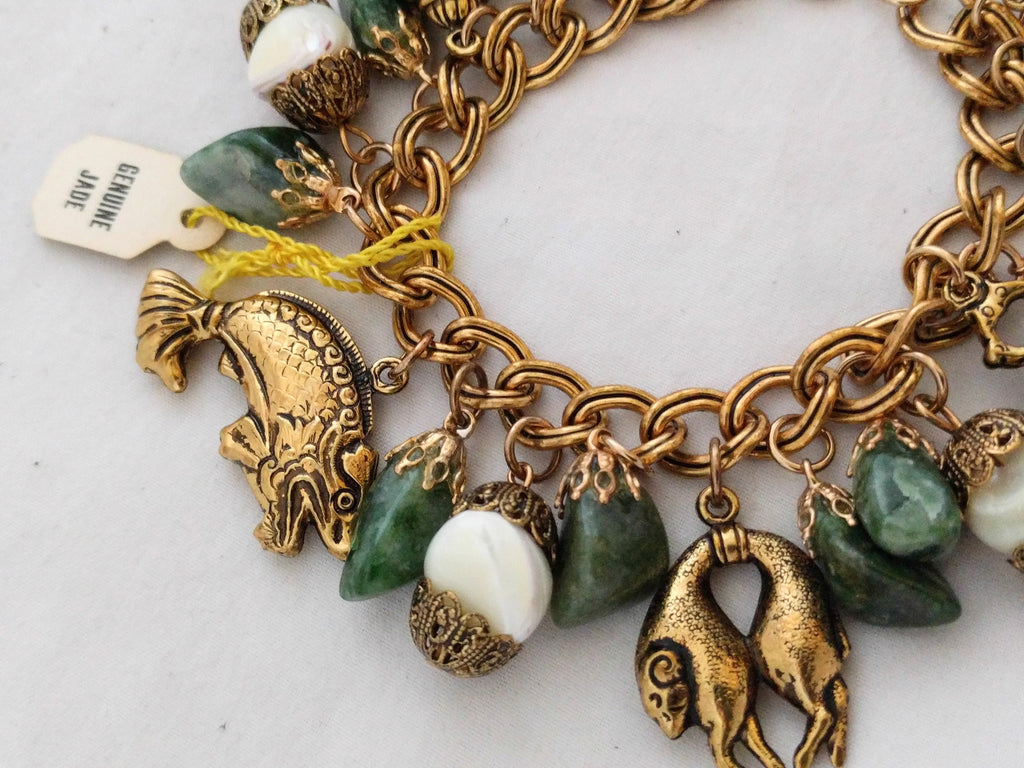 Elegant vintage charm bracelet by HOB 5th Ave, gift-ready with card option - Jade and mother of pearl bracelet