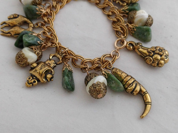 Vintage HOB 5th Ave double chain charm bracelet, jade and mother of pearl - Elegant gift-ready bracelet