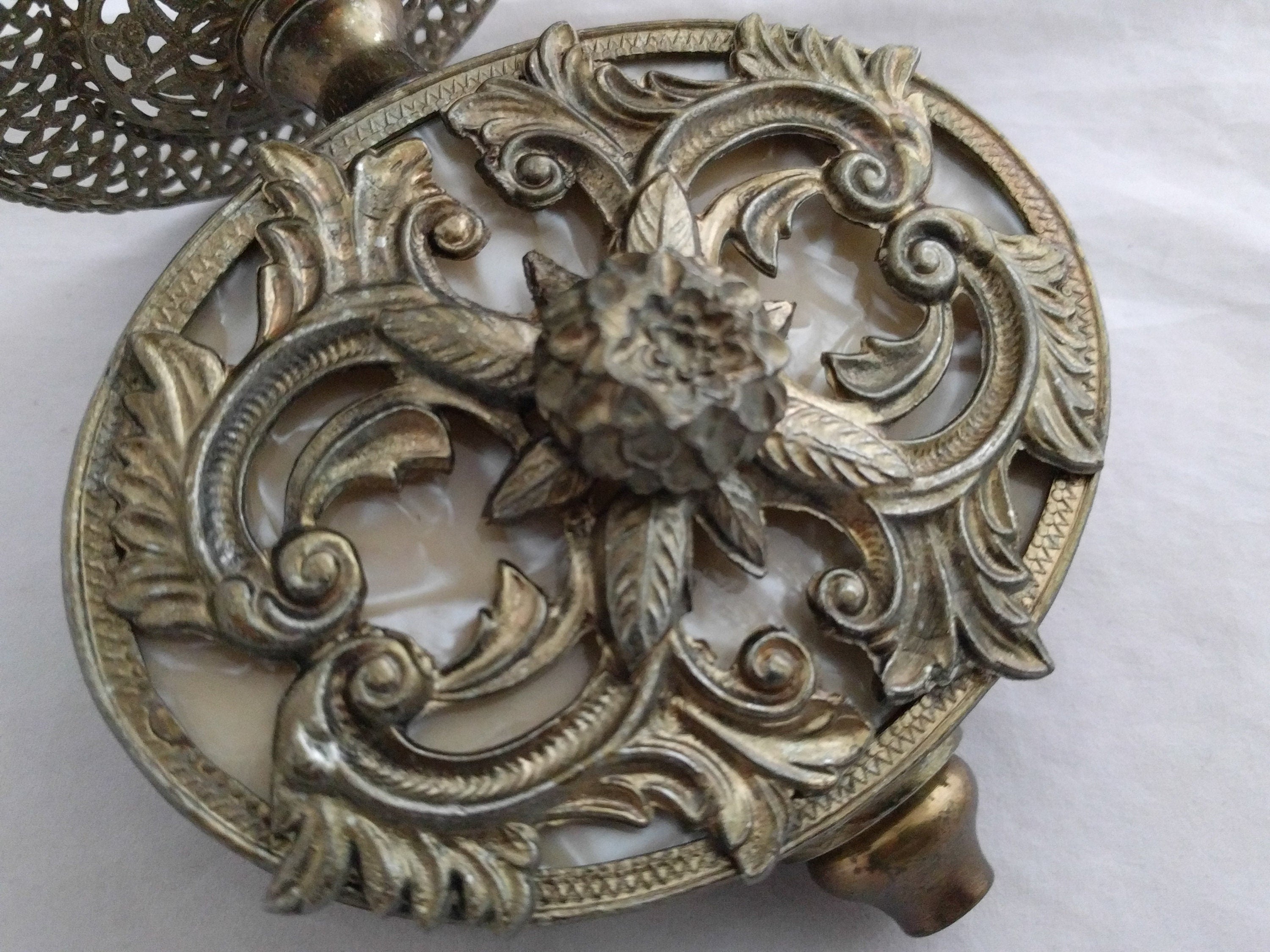 Ornolu Perfume Bottle – Ornate Gold Brass Filigree Design, Antique Decorative Vanity Bottle, Collectible Perfume Bottle