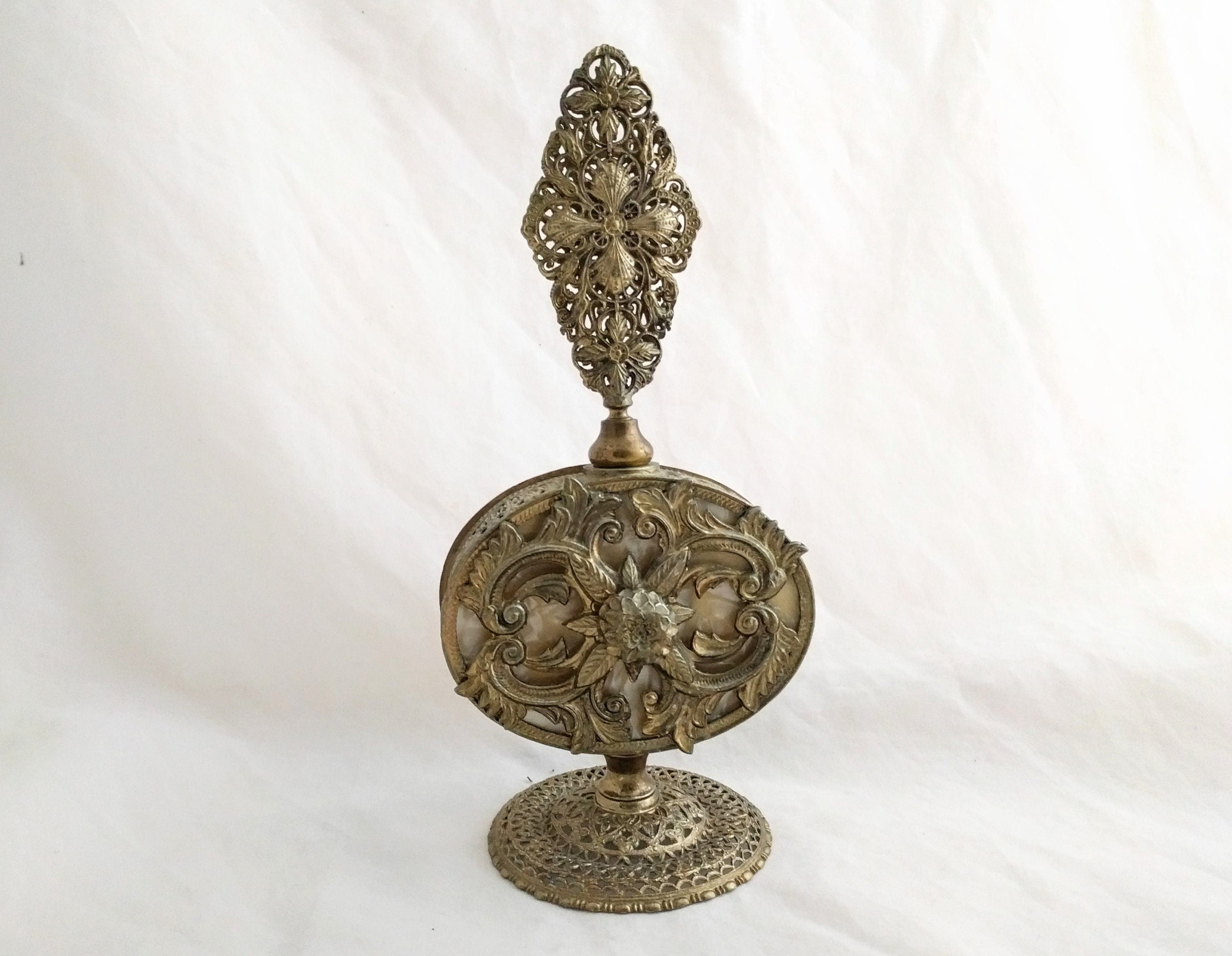 Ornolu Perfume Bottle – Ornate Gold Brass Filigree Design, Antique Decorative Vanity Bottle, Collectible Perfume Bottle