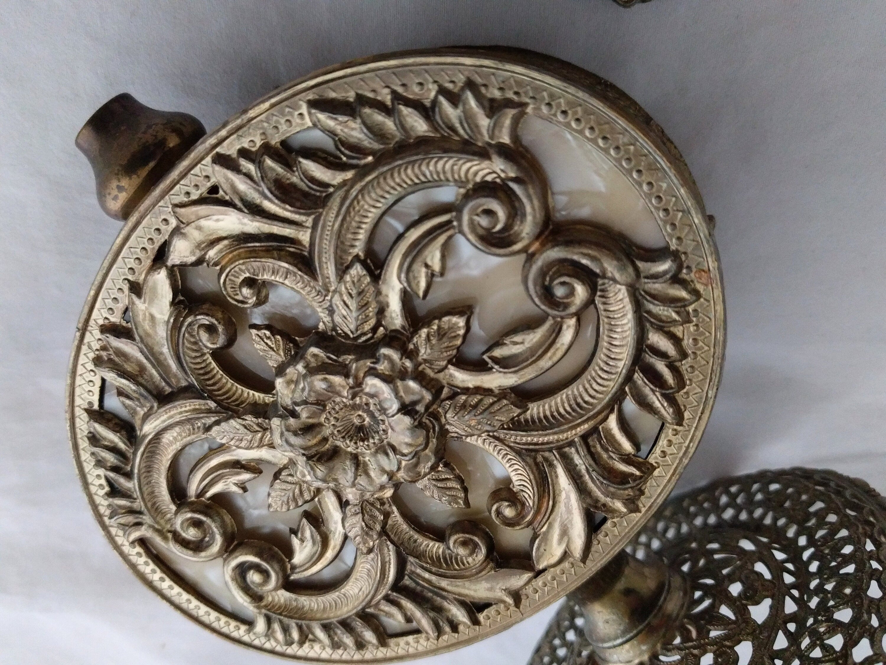 Ornolu Perfume Bottle – Ornate Gold Brass Filigree Design, Antique Decorative Vanity Bottle, Collectible Perfume Bottle