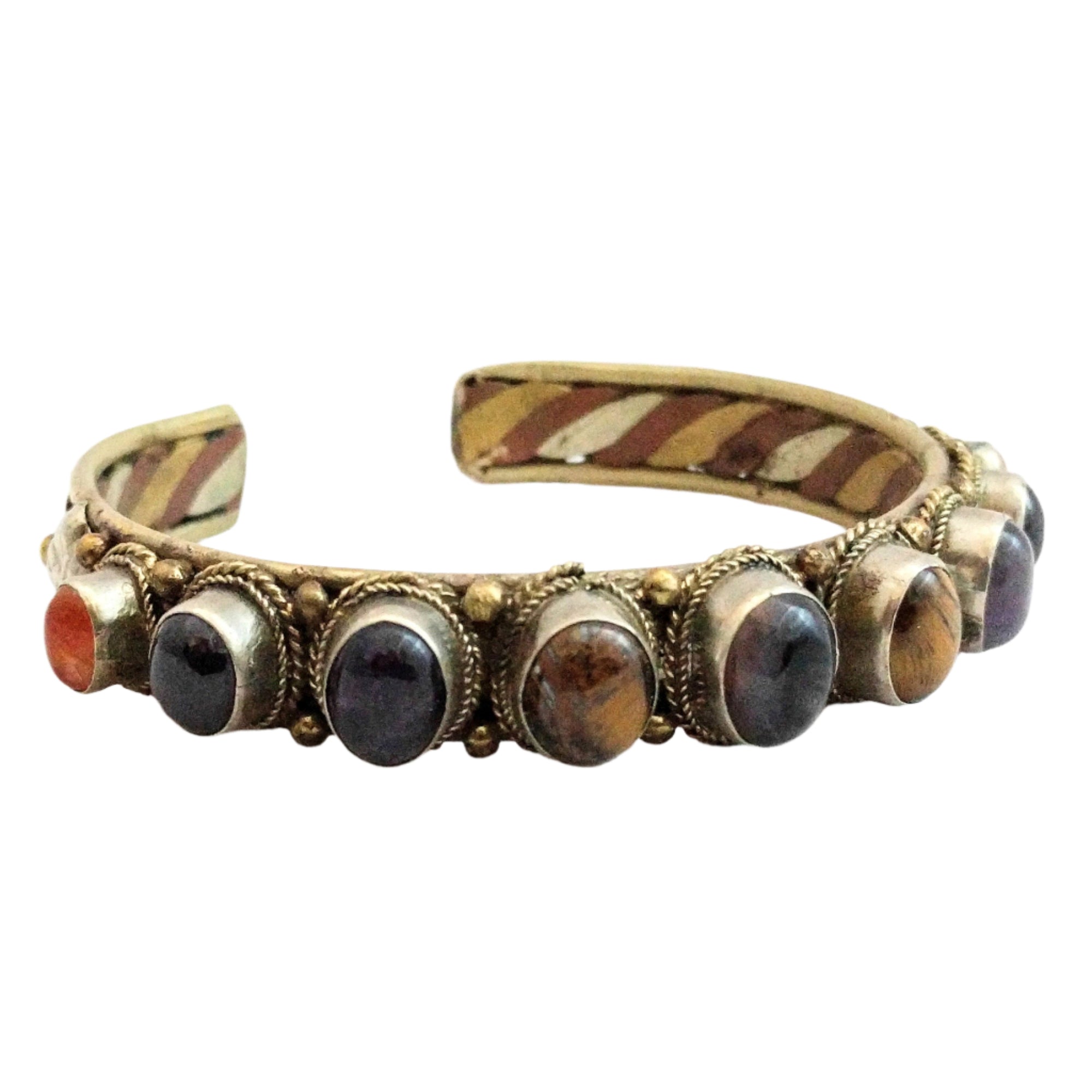 Vintage bracelet copper brass bracelet with cabochon natural stones - unique and avantgarde