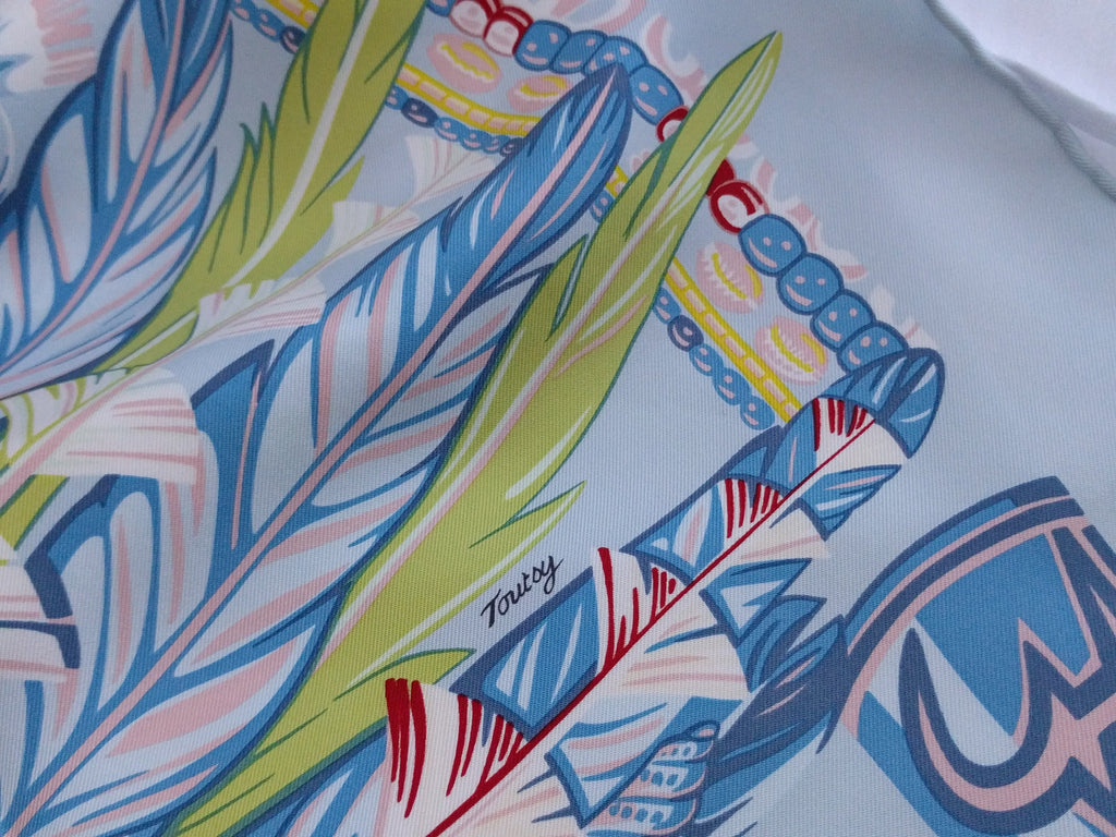 Vintage Hermès scarf Danse Pacifique, sky blue, green, yellow, never used, original box