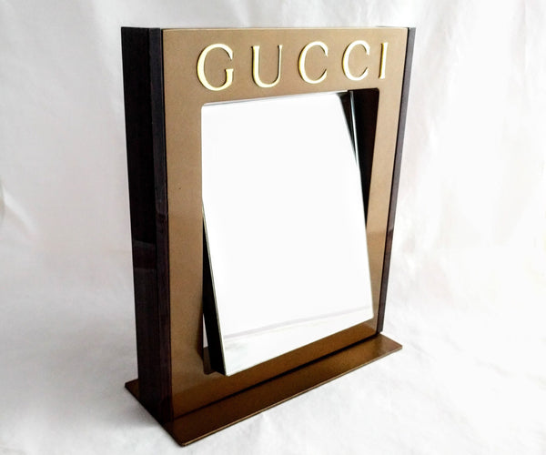 Gucci Table Mirror – Authentic Vintage Pivoting Mirror, Brown Metal & Wood Finish, 12" x 10", Collectible Designer Piece