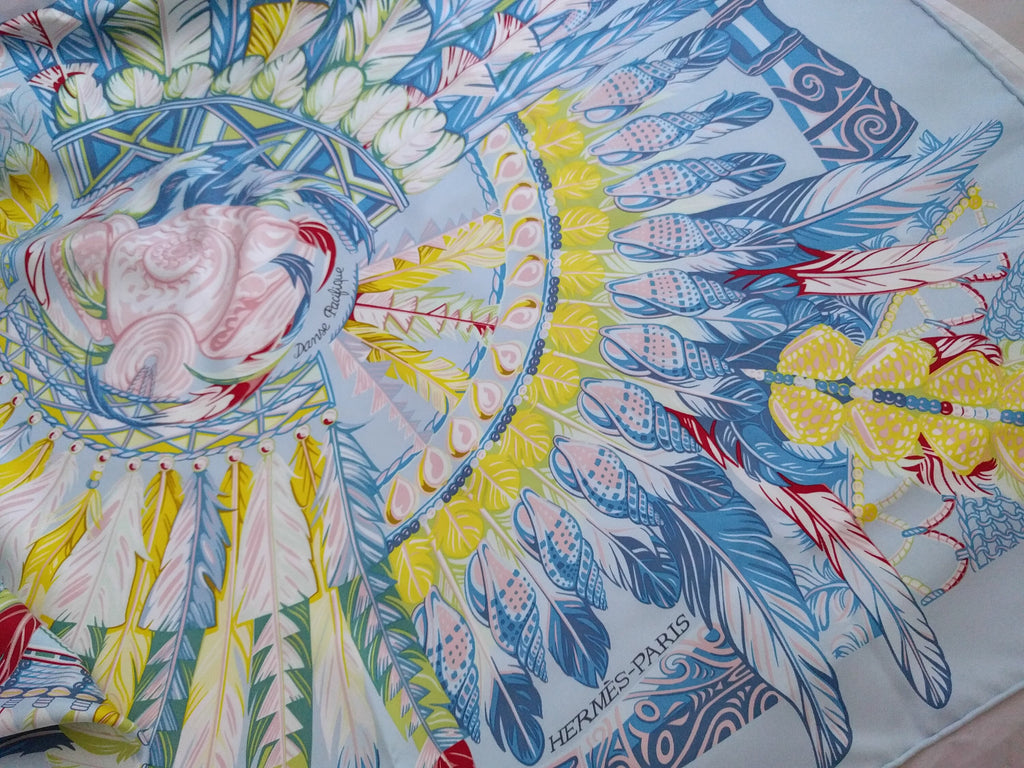 Discover this Hermes Danse Pacifique silk scarf, designed by Laurence Bourthoumieux. 90cm square, light blue, never used, with original box. Made in France