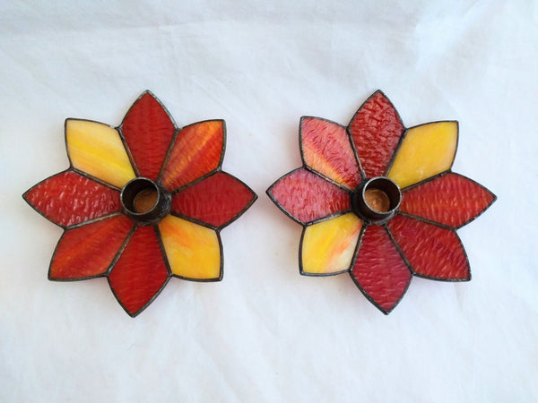 Vintage Tiffany-style stained glass candle holders, flower-shaped, red and yellow