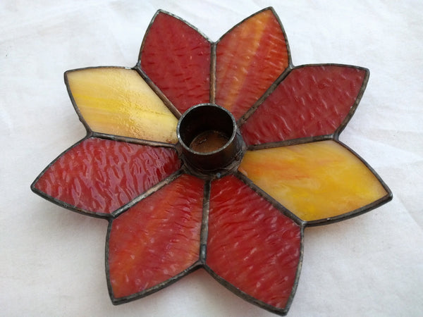Vintage Tiffany-style stained glass candle holders, flower-shaped, red and yellow