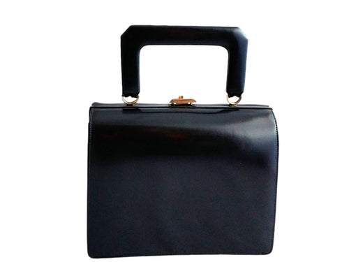 Vintage 1960s Royal Ternera leather handbag, small black purse with gold hardware, made in Canada