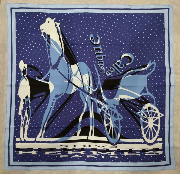Hermes Caleche Elastique silk scarf, 90cm, light blue, dark blue, white, new with box - Large 90cm Hermes carré