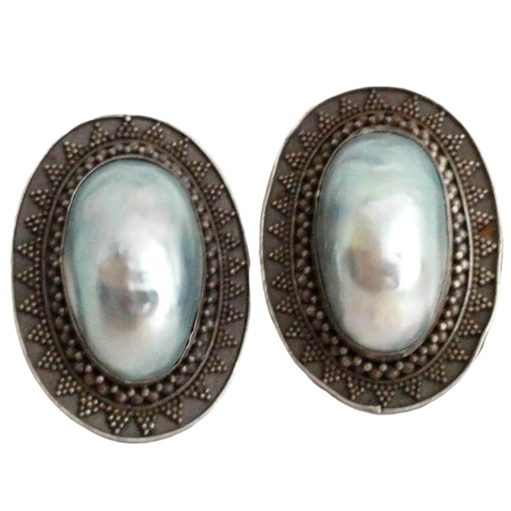 Vintage Baroque Pearl Earrings – Gray Drop Clip-Ons, Classic Statement Jewelry, Light Patina, 1.5” Elegant Dangle