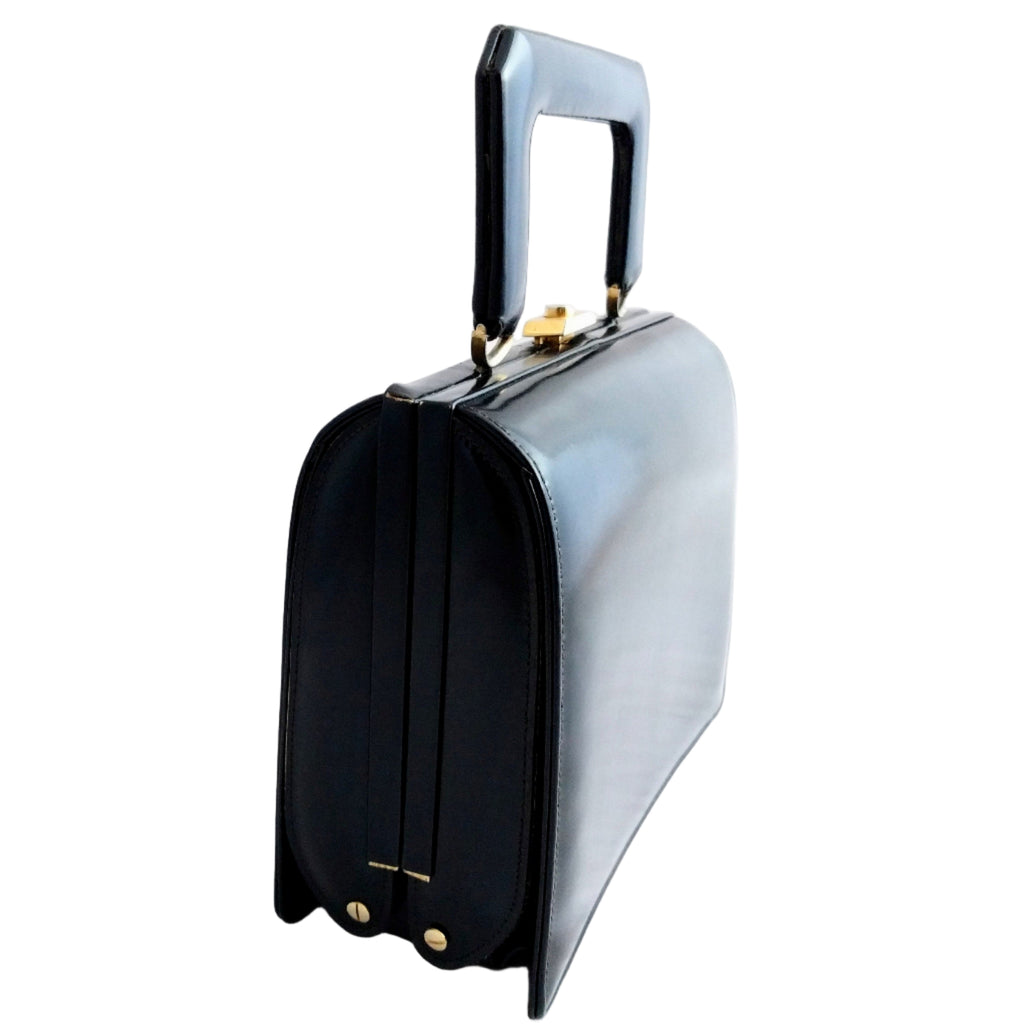Canadian-made vintage leather handbag by Royal Ternera, 9x7 inch small black purse - Elegant mid-century leather handbag with gold hardware, Royal Ternera small purse, vintage style