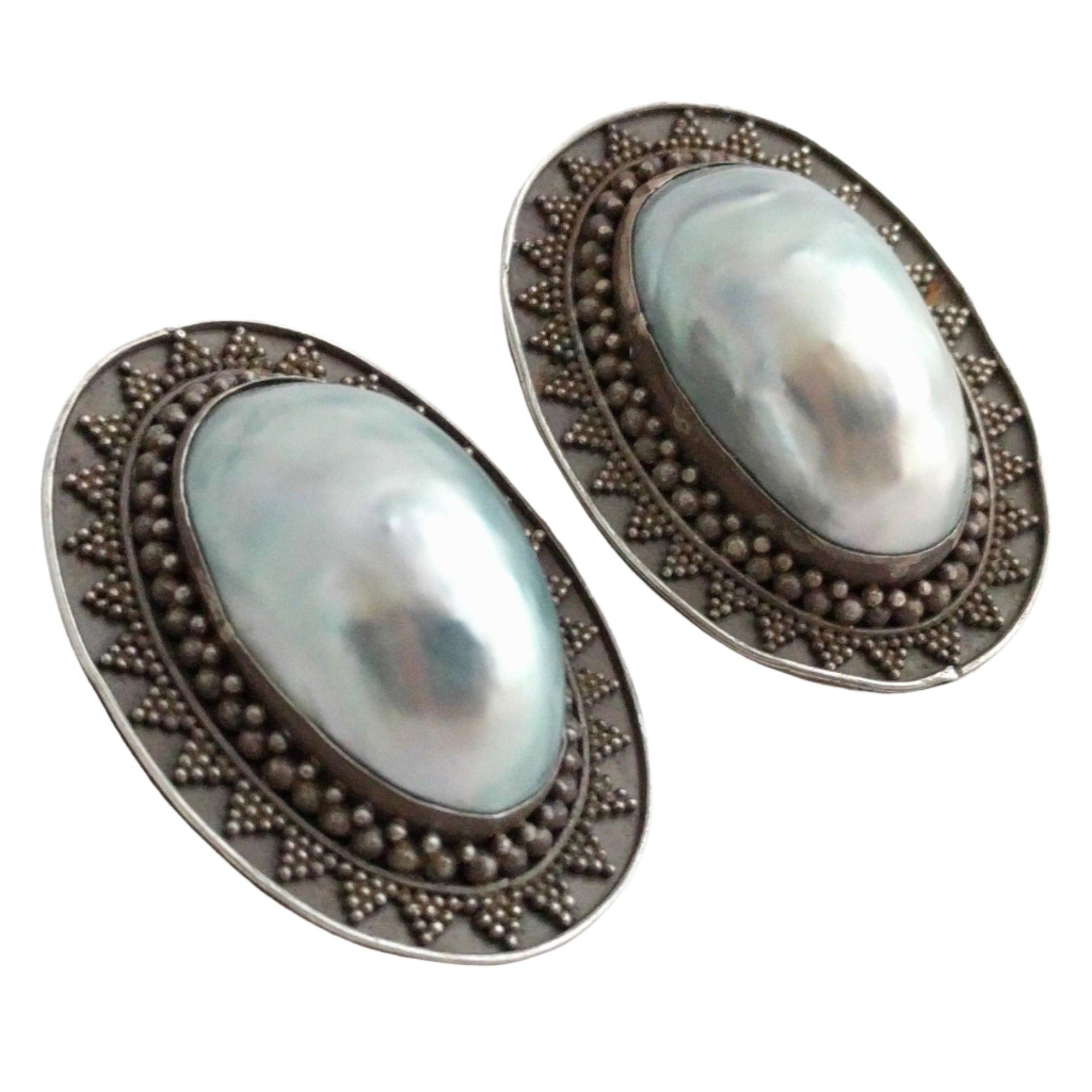 Vintage Baroque Pearl Earrings – Gray Drop Clip-Ons, Classic Statement Jewelry, Light Patina, 1.5” Elegant Dangle