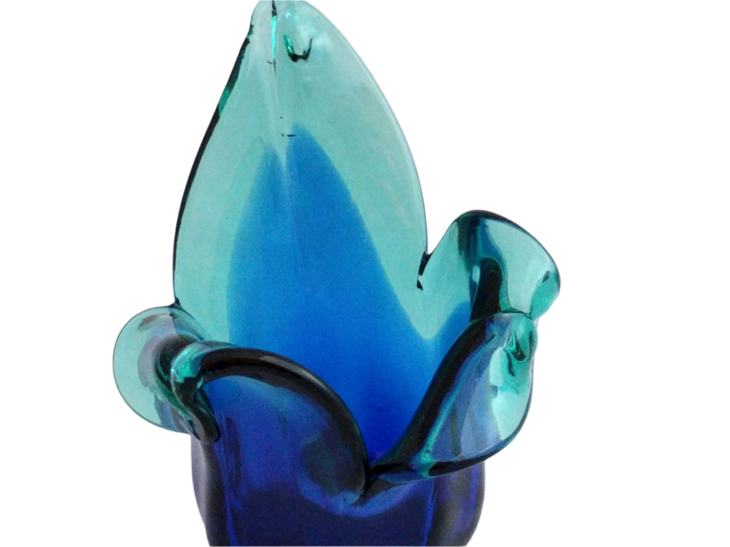 Murano glass centerpiece vase, hand-blown in Italy, turquoise blue, with label