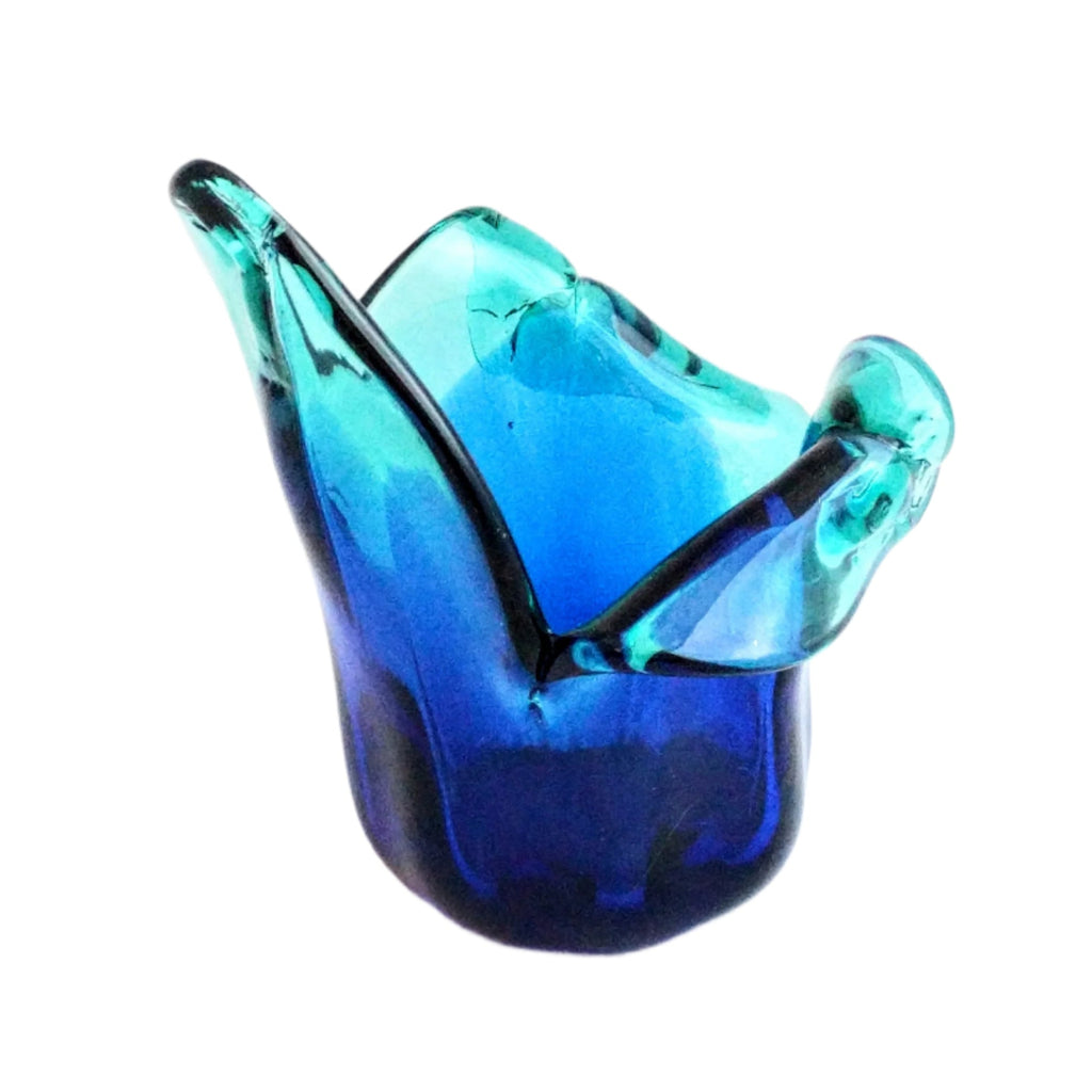 Turquoise Murano glass candleholder, vintage handblown vase with original label